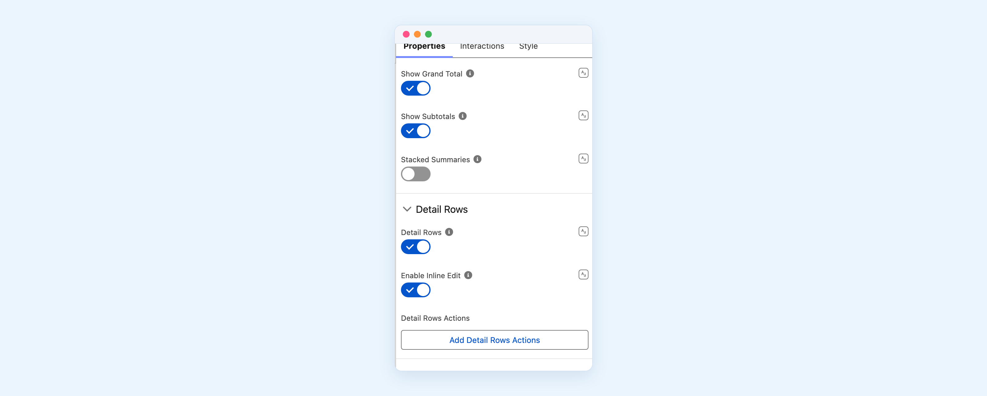 The Properties tab of the property editor. Show Grand Total is on, Show Subtotals is on, Stacked Summaries is off. Below, a Detail Rows section with Detail Rows on, Enable Inline Edit on, and an Add Detail Rows Actions button.