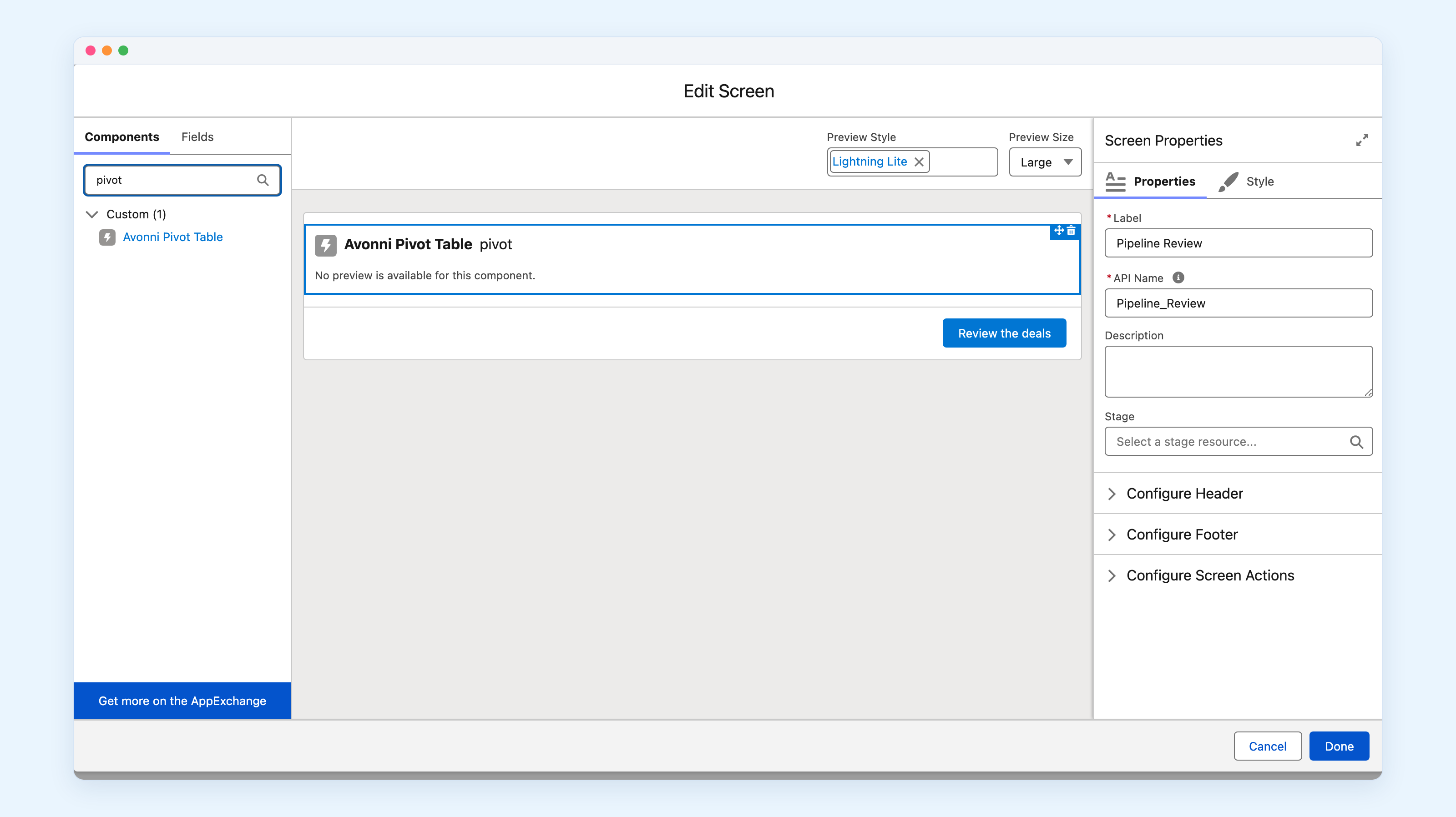 Flow Builder's Edit Screen modal. On the left, the Components palette with pivot typed into its search box, showing one result under Custom: Avonni Pivot Table. In the middle, the screen canvas holds a block labelled Avonni Pivot Table, API name pivot, reading No preview is available for this component, above a footer with a Review the deals button. On the right, Screen Properties with the label Pipeline Review.