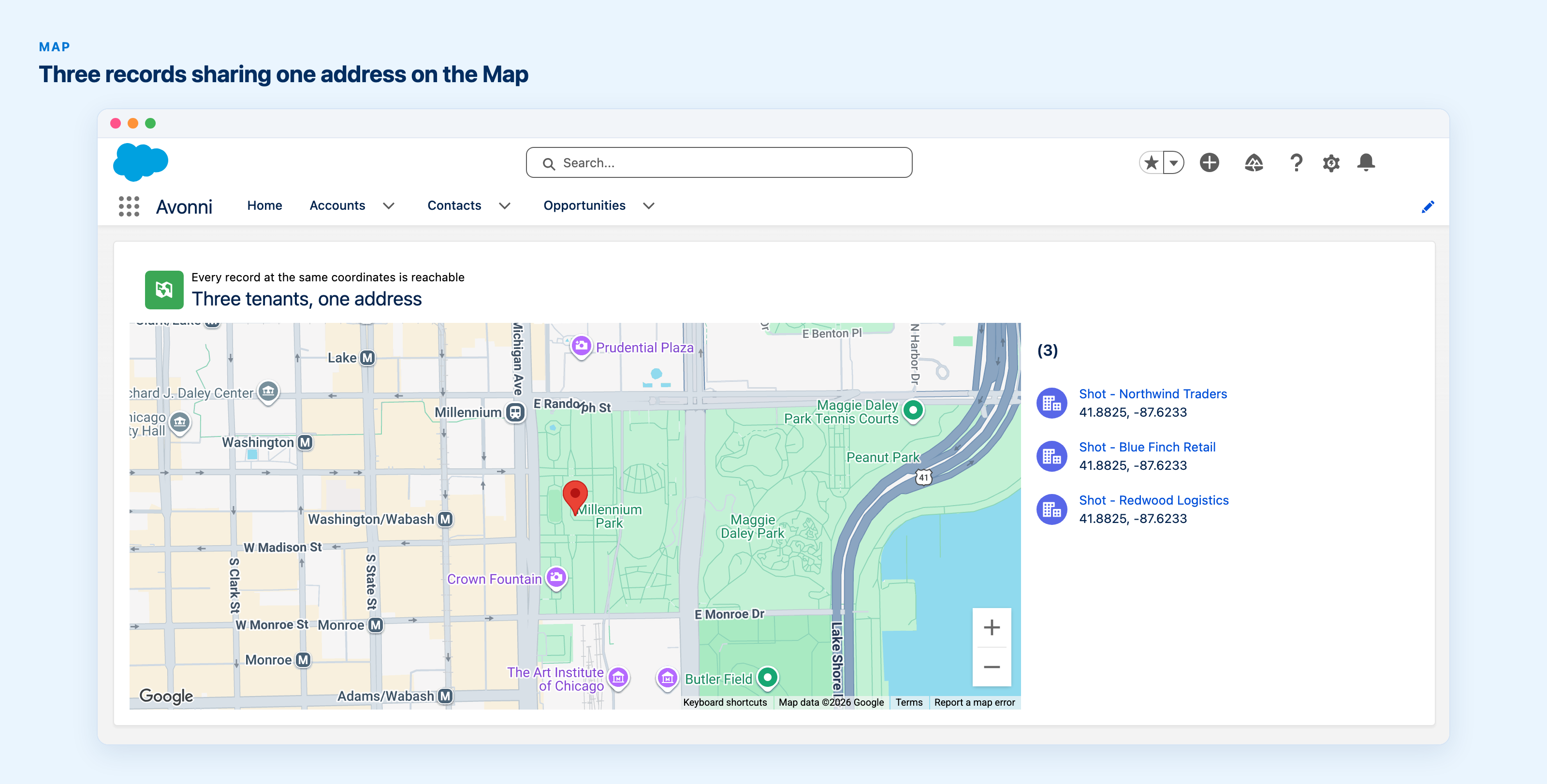 Three account records at the same coordinates, all listed beside one map marker