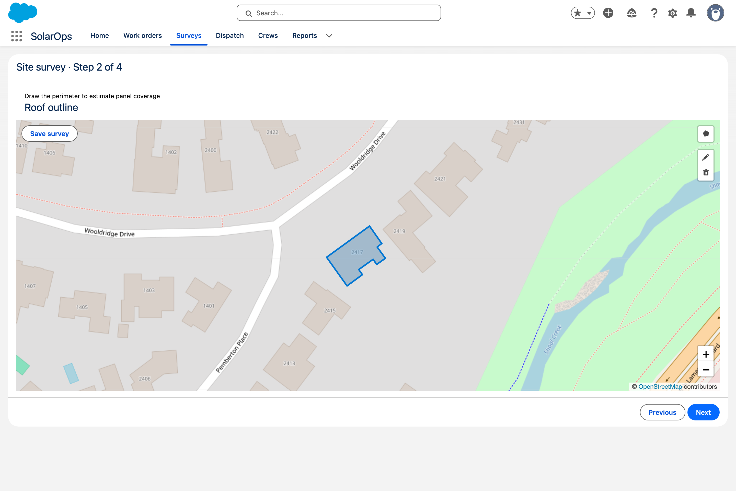 Avonni Map in step 2 of a Salesforce screen flow: a roof outline drawn as a polygon on OpenStreetMap tiles, with drawing tools and a Save survey button