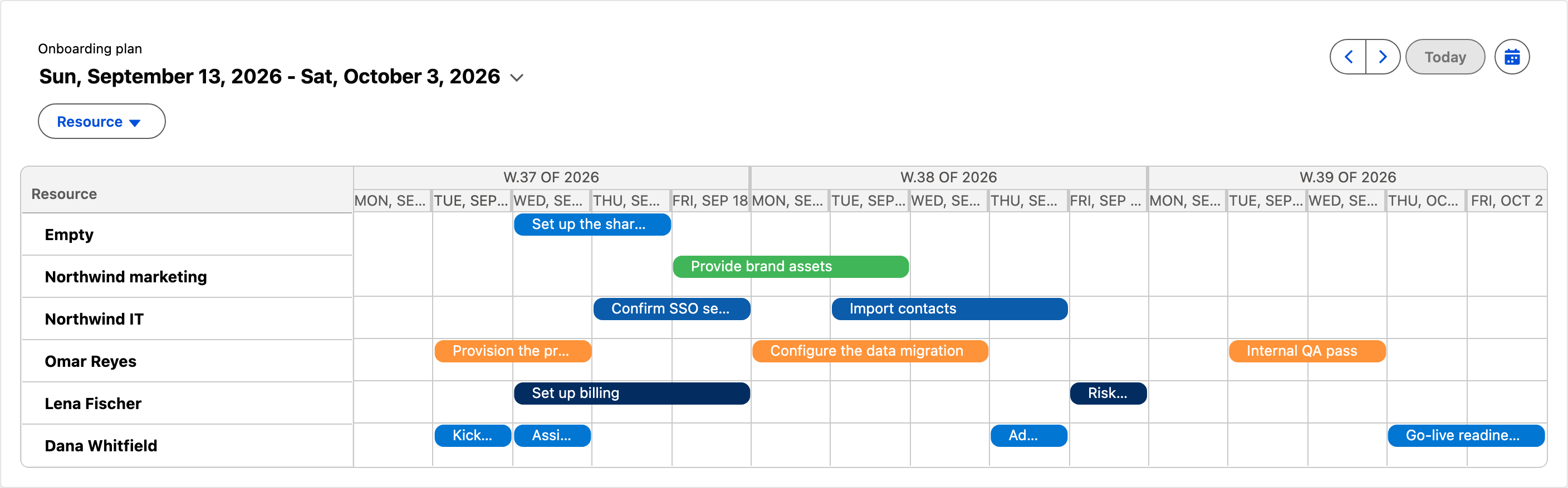 The onboarding plan as one Calendar component from the Avonni library, three weeks of tasks with one lane per owner