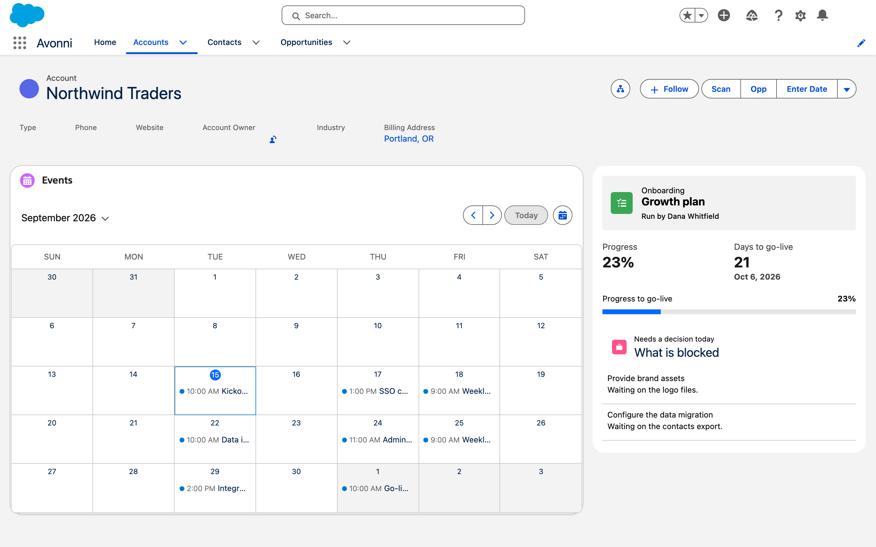 The Events card on the Account record page, a Lightning web component built around the Avonni calendar in monthly view