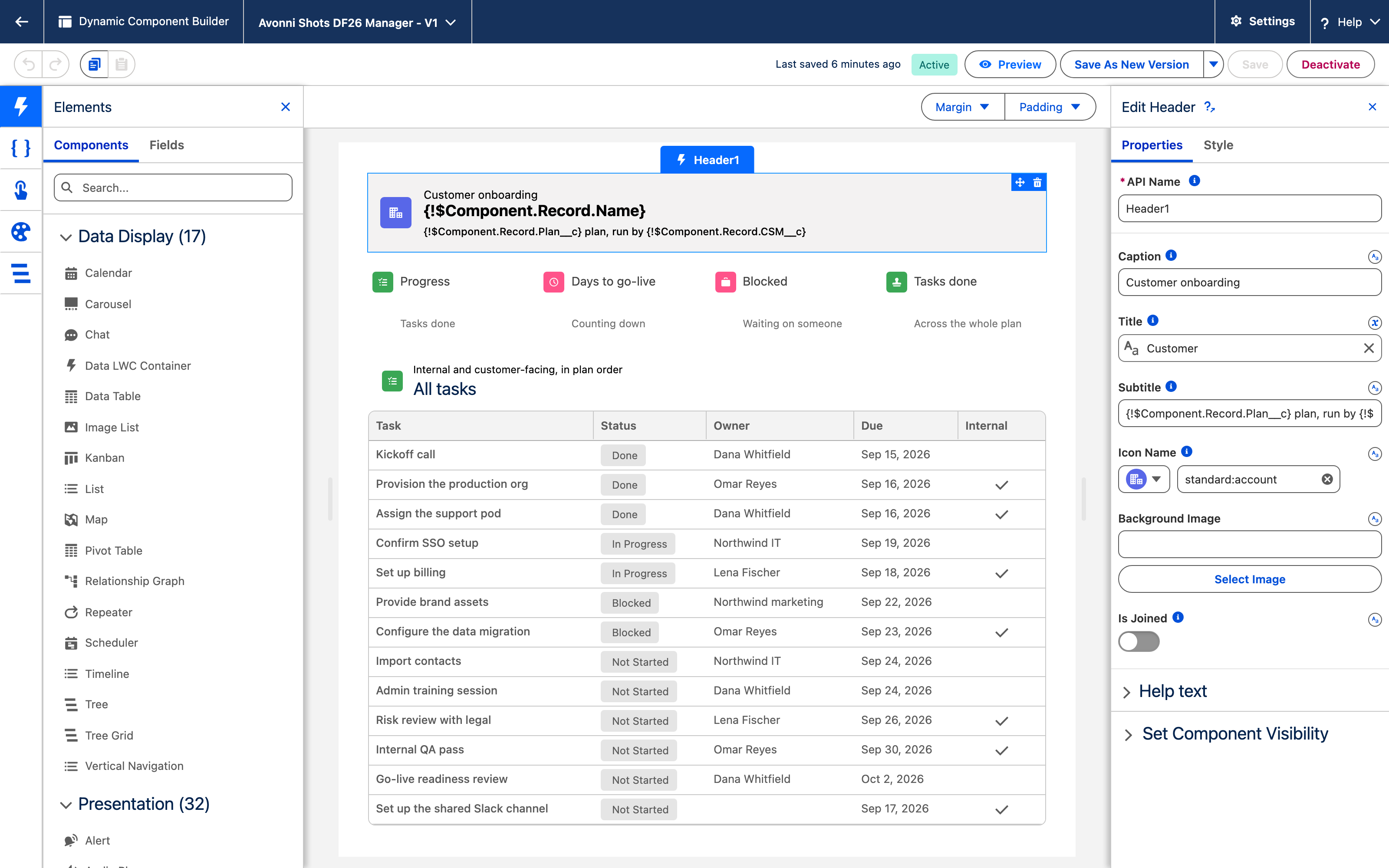 The manager's page open in the Avonni Component Builder with the header's properties panel beside the canvas