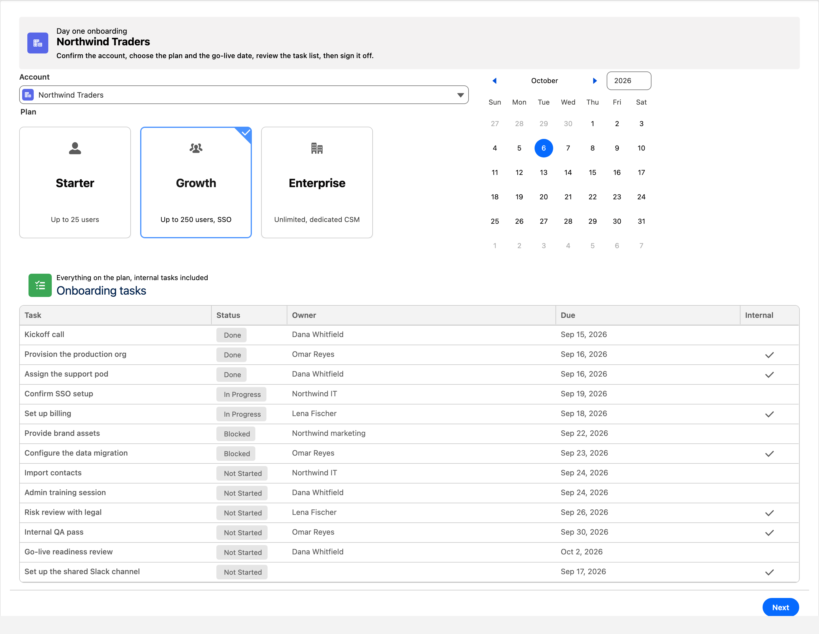 The day one screen flow for the CSM: account, plan cards, go-live date picker and the full onboarding task list