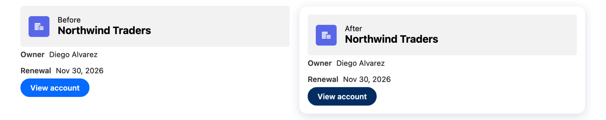 The same account card twice, labeled Before and After: the after version sits on a white rounded card and its View account button is dark blue
