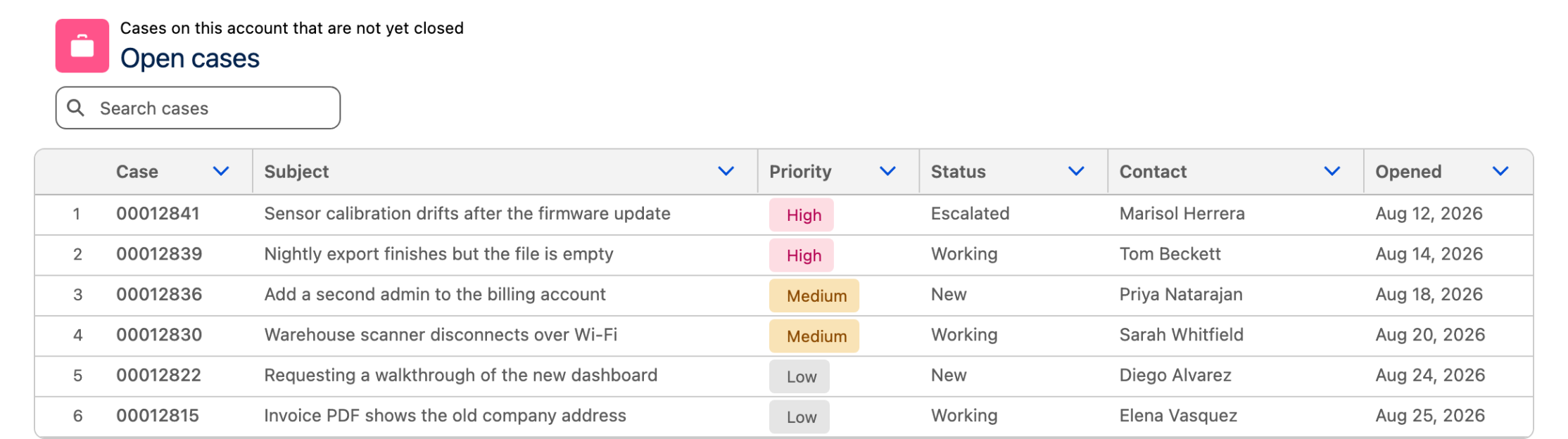 An open cases table with a search box above it and noticeably tighter rows