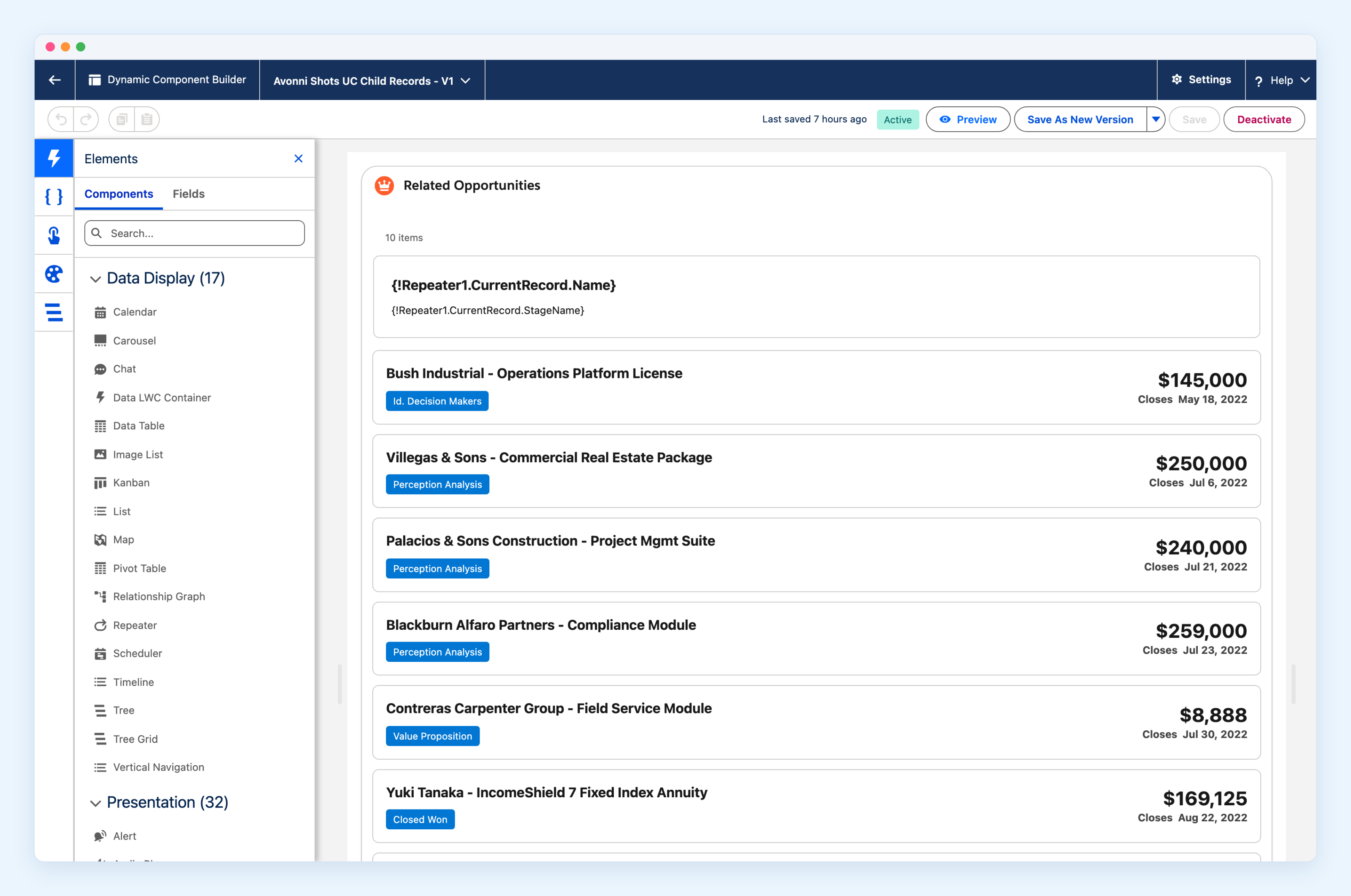 The Dynamic Component Builder with the component palette on the left and a Related Opportunities list on the canvas, each row showing name, stage, amount and close date