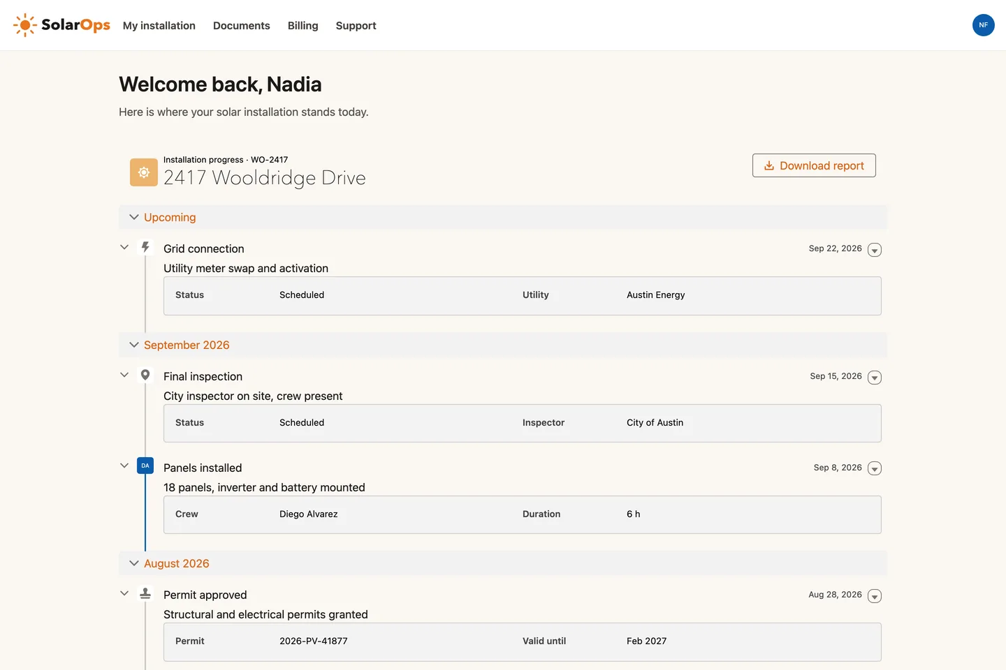 Avonni Timeline on the SolarOps homeowner portal, a live Experience Cloud site: branded header, a welcome line for the signed-in customer, and seven installation steps grouped by month with a Download report button