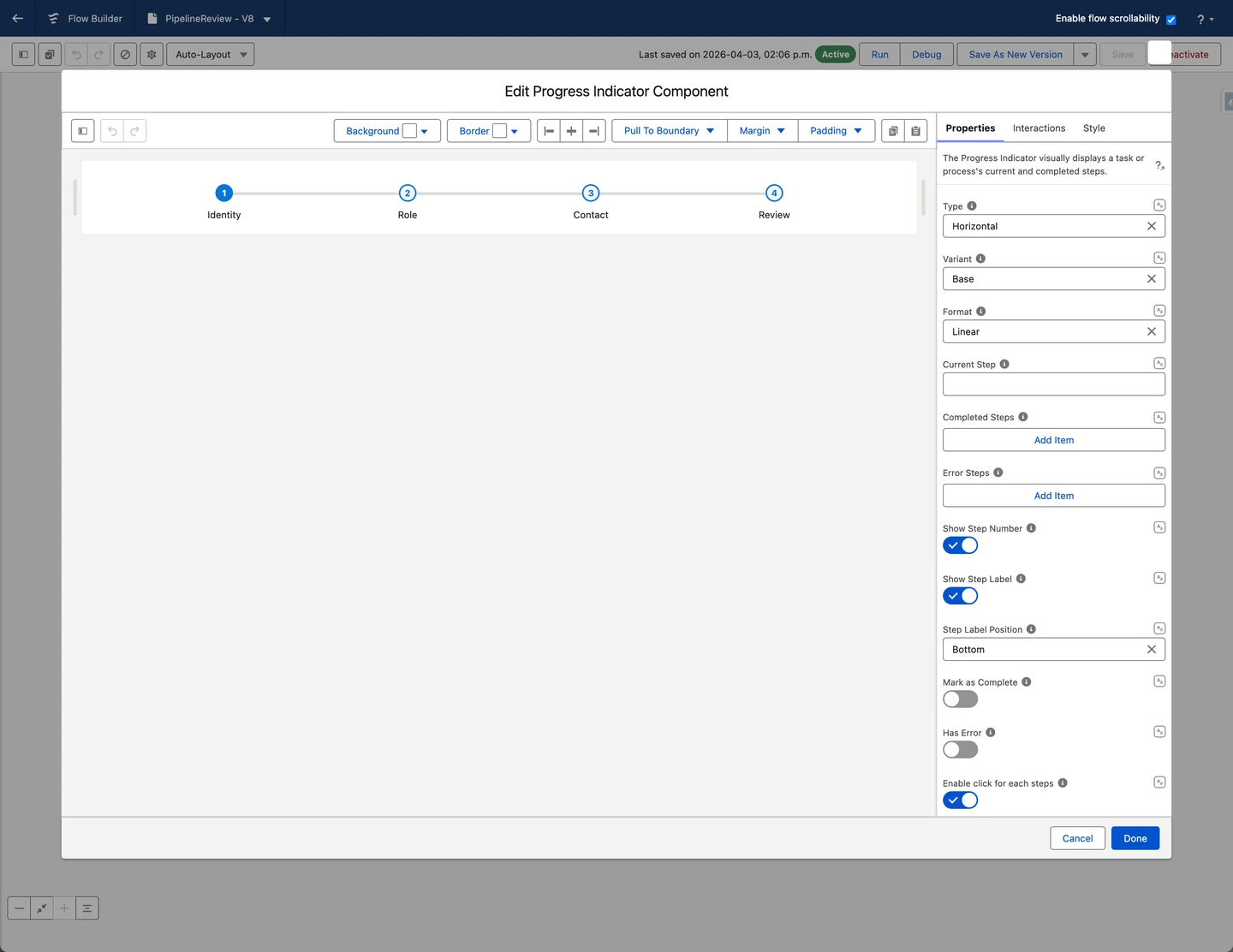 The Avonni Component Builder open on the Progress Indicator inside Flow Builder: a four-step preview labeled Identity, Role, Contact and Review on the left, and the Properties panel setting type, variant and step options on the right