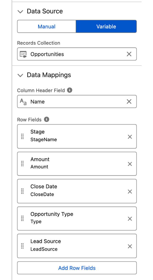 The Data Source panel set to Variable with an Opportunities collection, and a Data Mappings panel with Column Header Field set to Name and Row Fields for Stage, Amount, Close Date, Opportunity Type, and Lead Source
