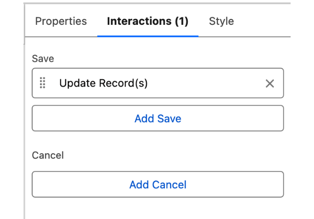 The Interactions tab of the Record Grid showing a Save action set to Update Record(s), with options to add another Save or a Cancel
