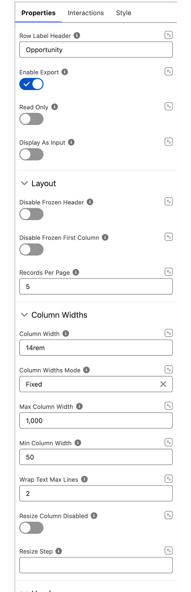 The Properties panel for the Record Grid with settings for the header, export, read only, frozen header and column, records per page, and column widths