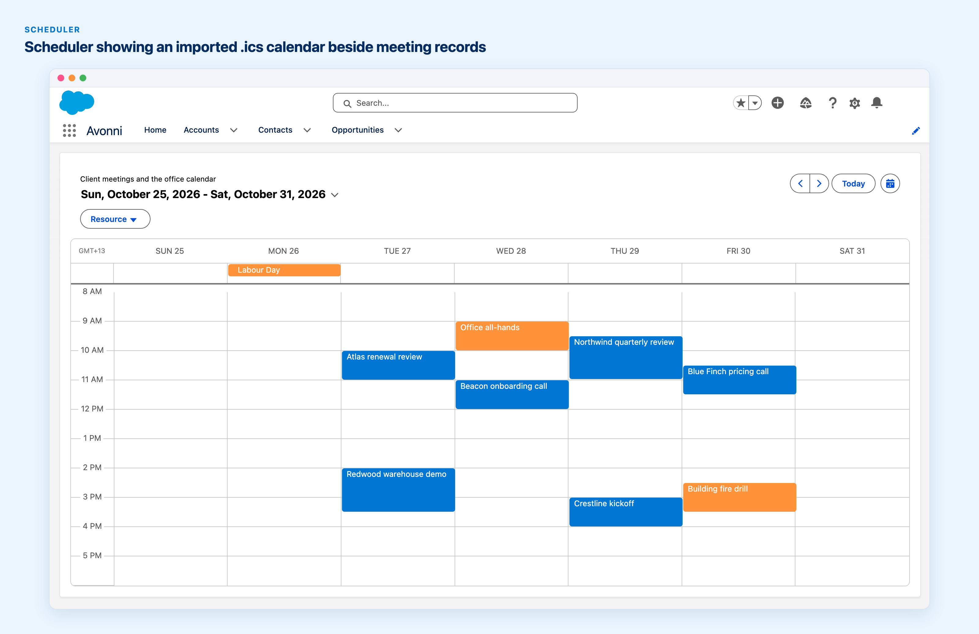 Scheduler week view from October 25 to 31, 2026, client meetings in blue and three events from an imported .ics calendar in orange: Labour Day as an all-day event, Office all-hands on Wednesday morning and Building fire drill on Friday afternoon.
