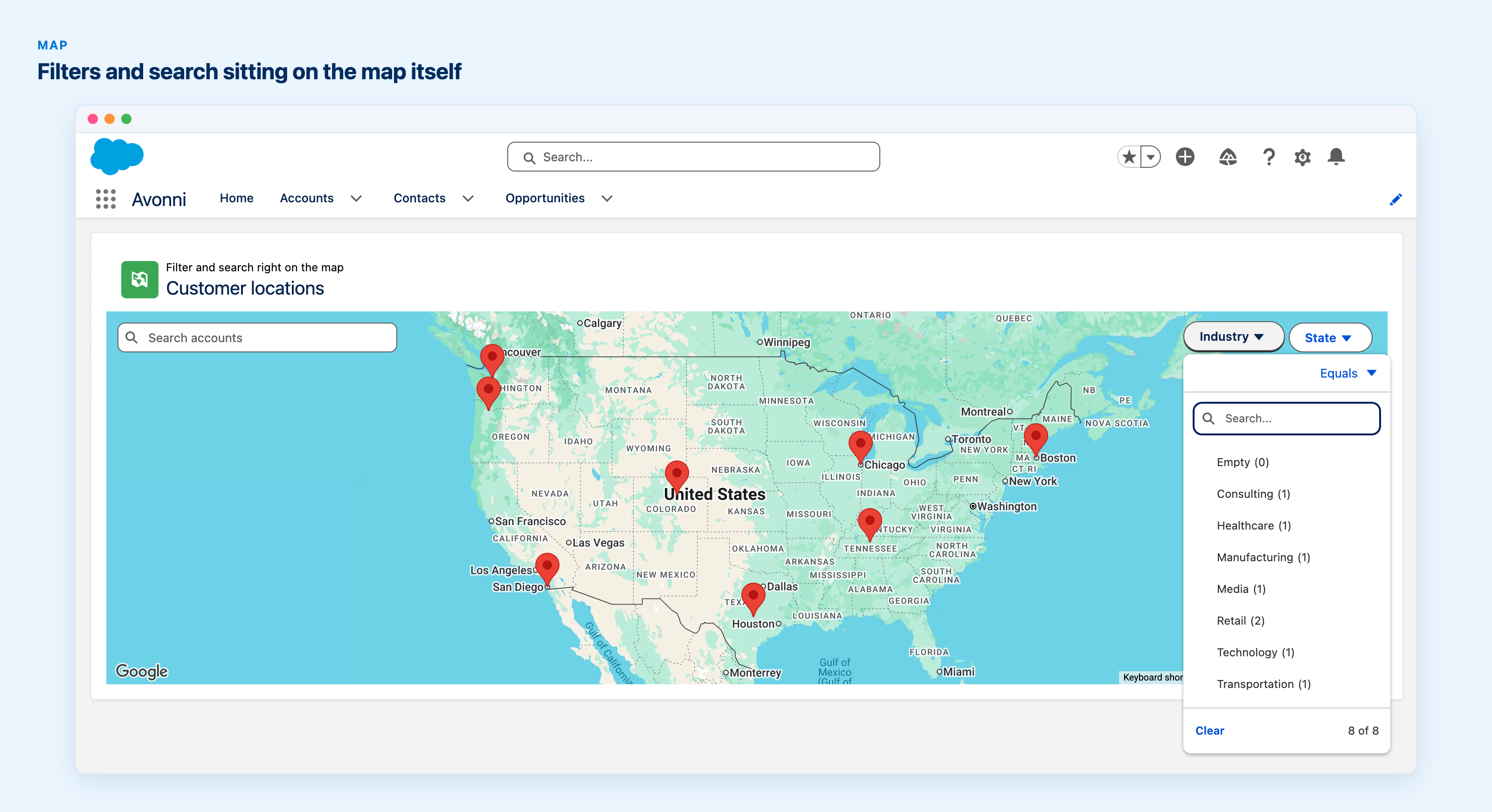 Map component with eight account pins across the United States, a Search accounts box at the top left of the map and Industry and State filter buttons at the top right, the Industry menu open over the map listing Consulting, Healthcare, Manufacturing, Media, Retail, Technology and Transportation with record counts.