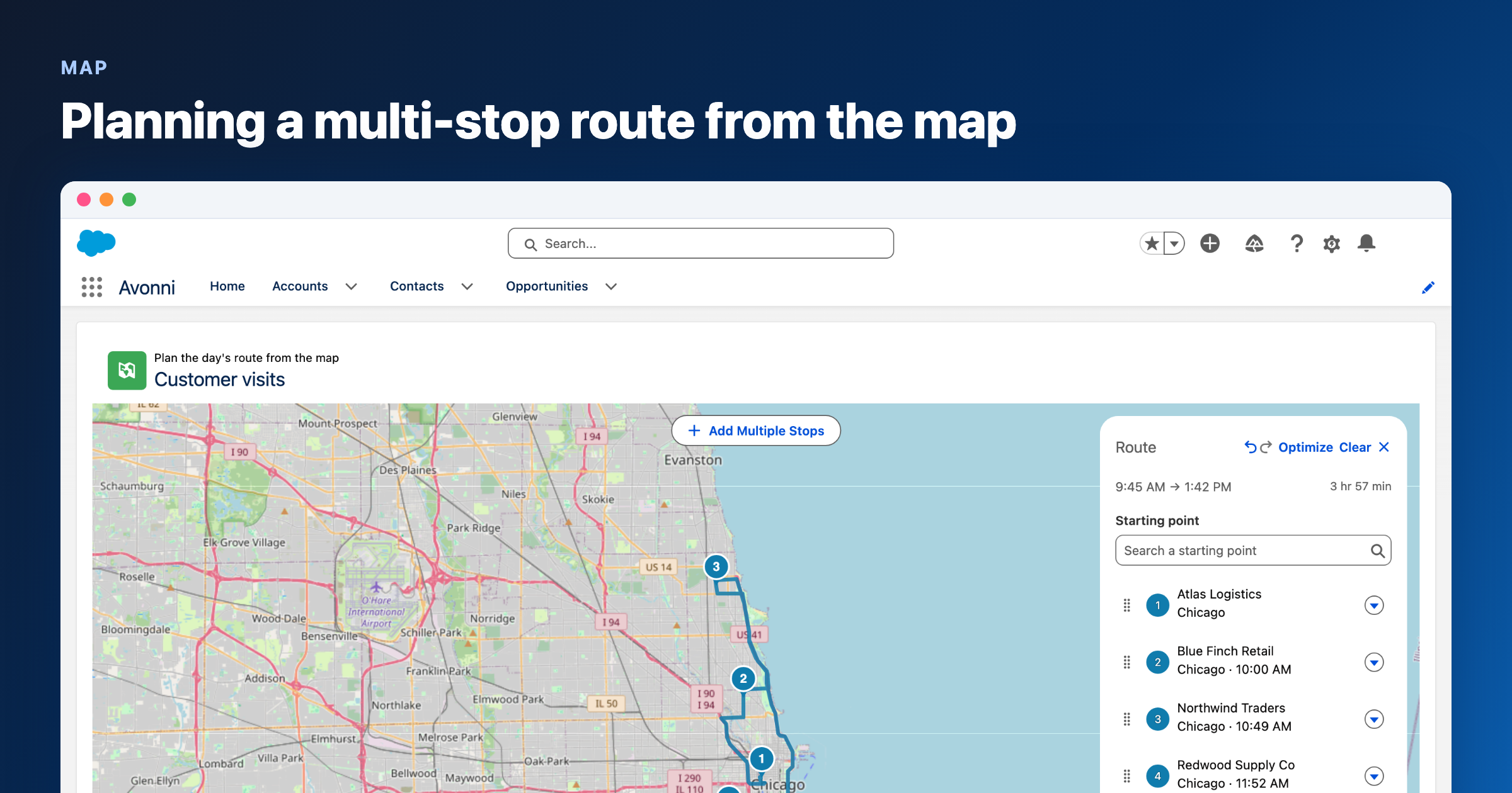Map of Chicago with five numbered stops joined by a road route, and a Route panel listing each stop with its arrival time and a total of 3 hr 57 min.