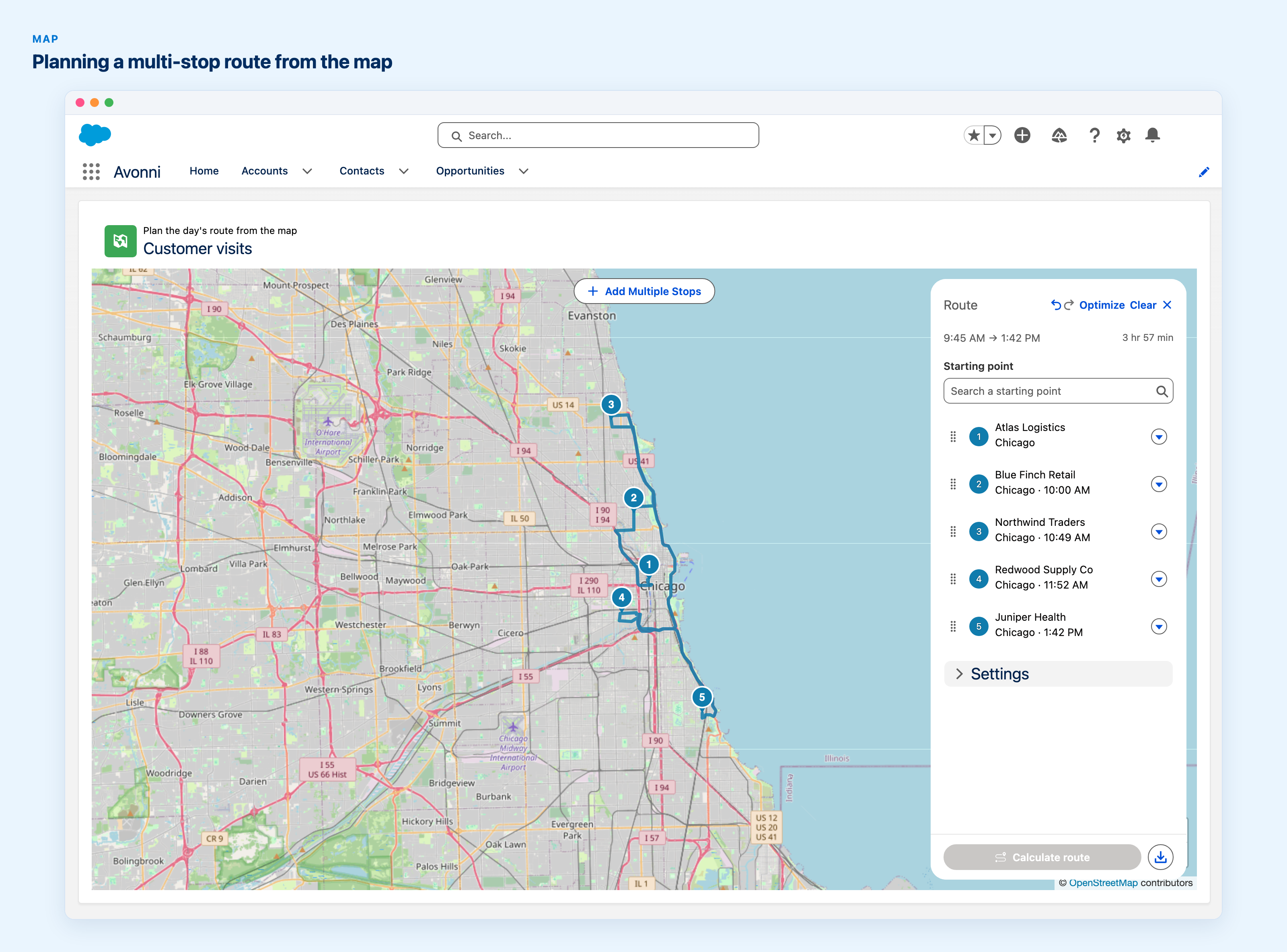 Map of Chicago with five numbered stops joined by a road route along the lakeshore, and a Route panel over the lake listing Atlas Logistics, Blue Finch Retail, Northwind Traders, Redwood Supply Co and Juniper Health with an arrival time for each, a start and end time and a total of 3 hr 57 min, above a Calculate route button.