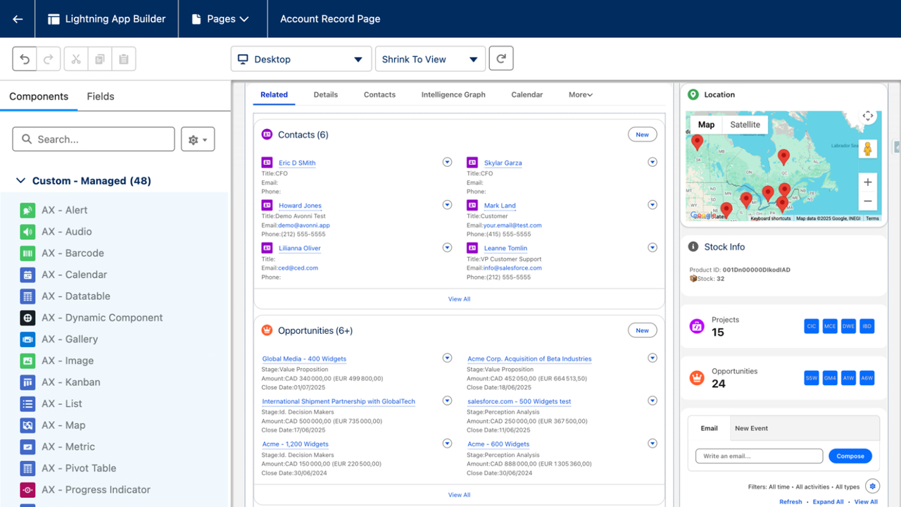 Lightning App Builder on an Account record page, with Avonni AX components listed in the palette