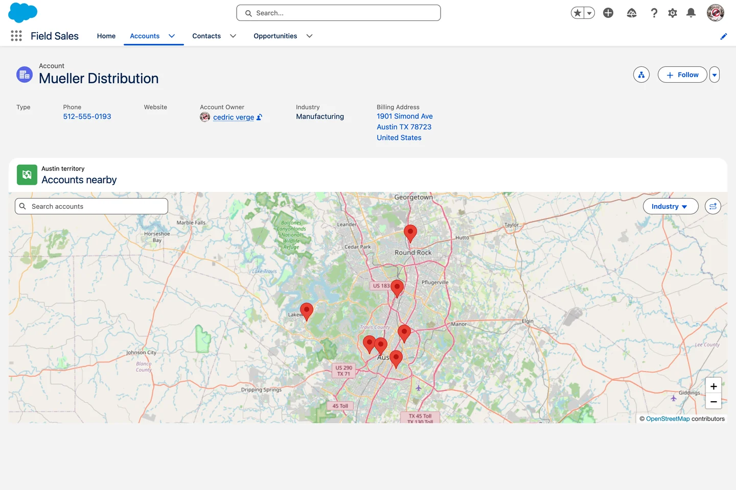 Avonni Map on a Salesforce Account record page: an Accounts nearby map of seven Austin sites, with search and an Industry filter on the map