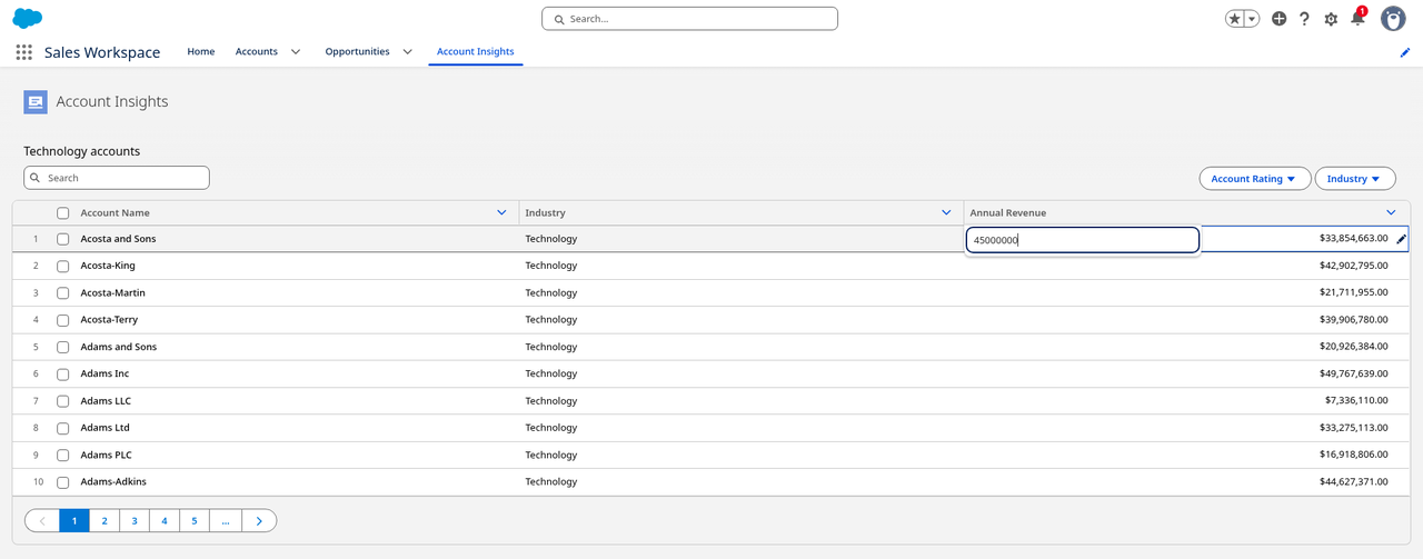 Avonni Data Table inline editing of Annual Revenue in the first row on a Lightning app page, value typed but not yet saved
