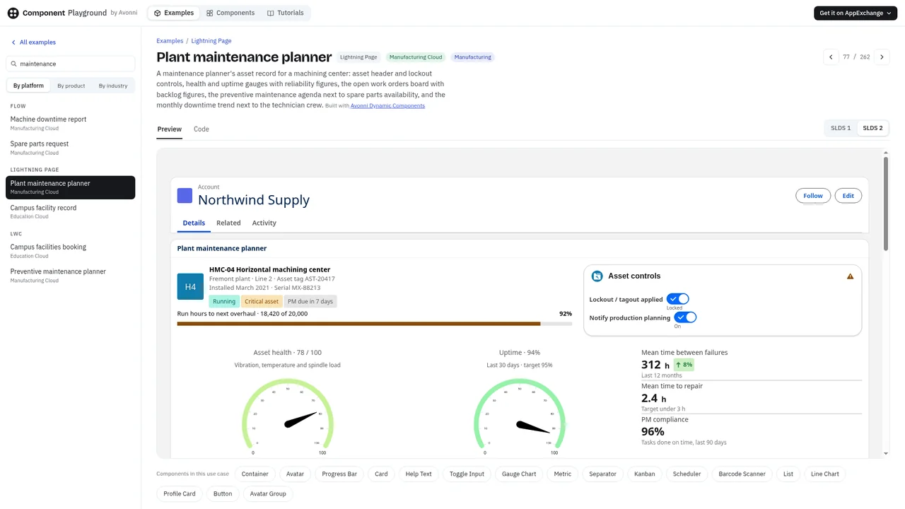 Avonni Component Playground showing the plant maintenance planner Salesforce Lightning page example with health and uptime gauges