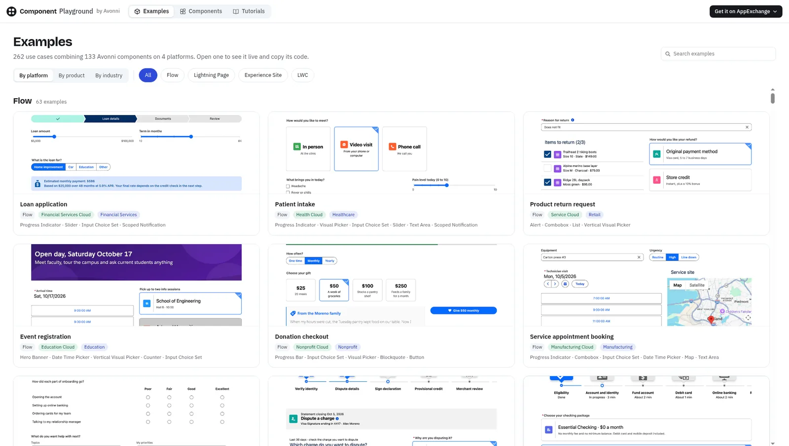 Avonni Component Playground examples page listing 262 Salesforce use cases, filtered by Flow, Lightning Page, Experience Site and LWC