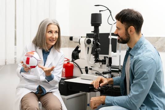 especialista en retina atendiendo a un paciente