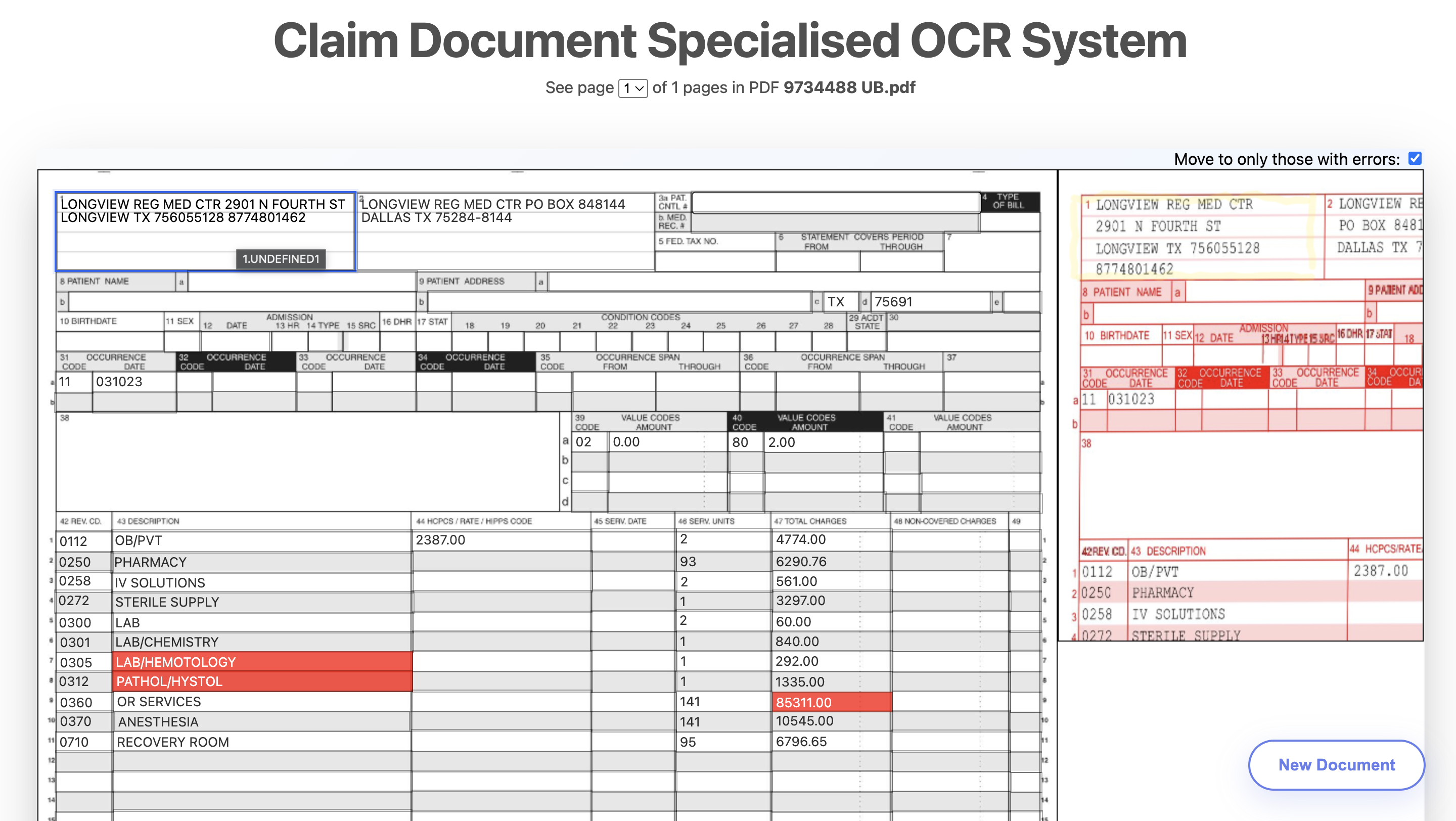 OCR results marked on a CMS 1450 form