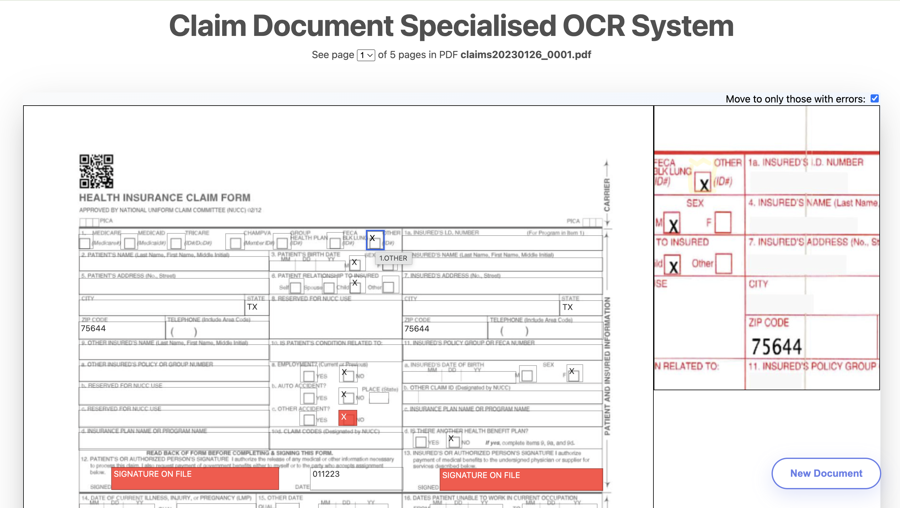 OCR results marked on a CMS 1500 form