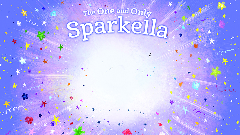 Desktop wallpaper with sparkles and the logo, large and top center.