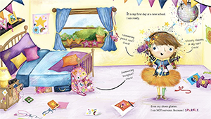 Sparkella in her room. Getting ready for her first day at a new school.