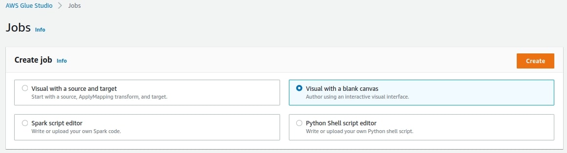 AWS Glue Studio - Create Job Panel