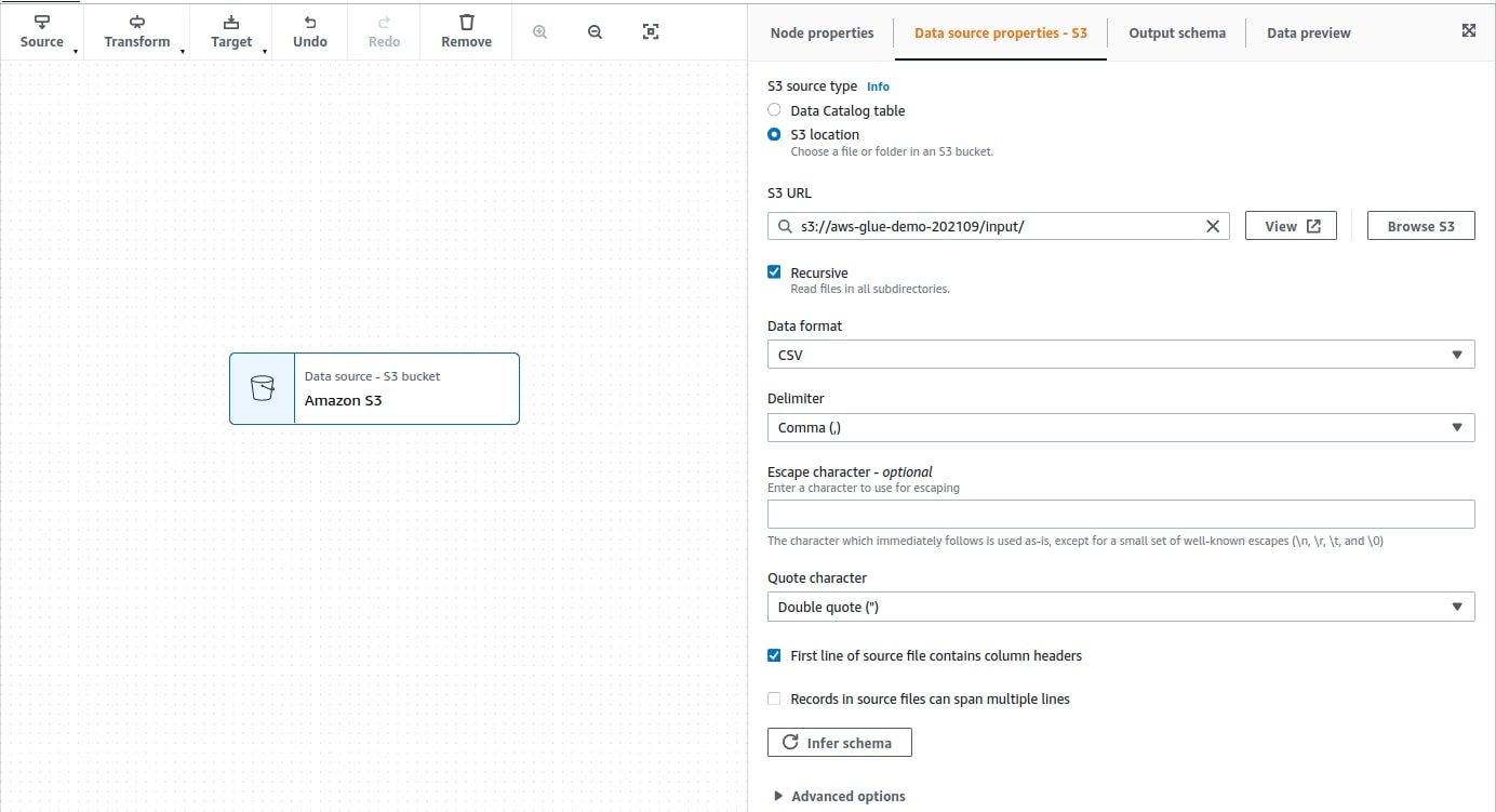 AWS Glue Studio - data source properities