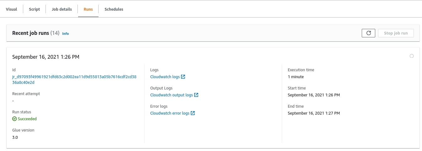 AWS Glue Studio - job runs finished