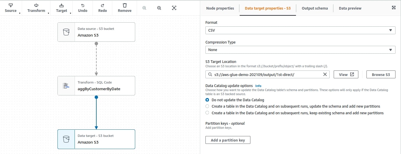 AWS Glue Studio - target node properties