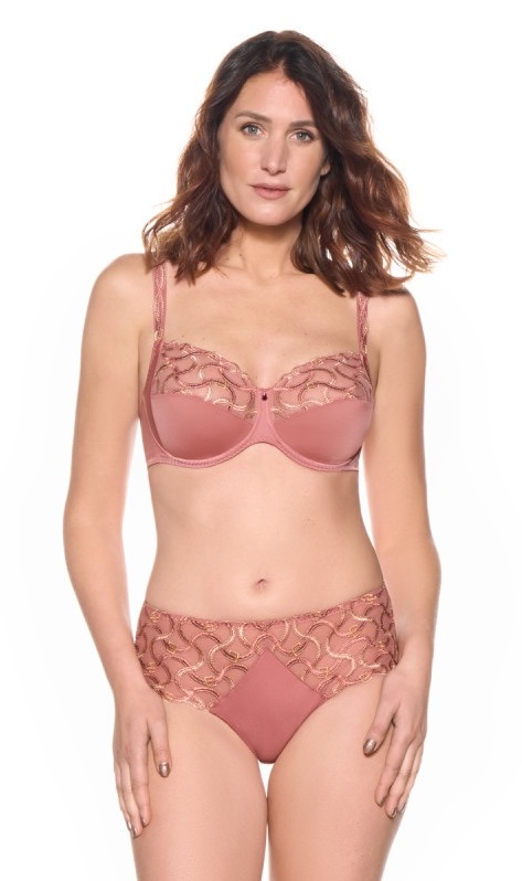 Jenette Bras French Louisa Bracq Pegasus Lace Seamed Full Cup Bra in Pink with High Waist Briefs in Pink