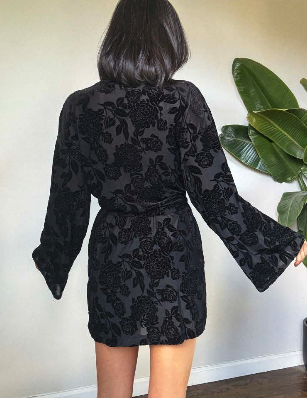 Jenette Bras USA Only Hearts Bed of Roses Sheer Velvet Short Robe in Black from Backside