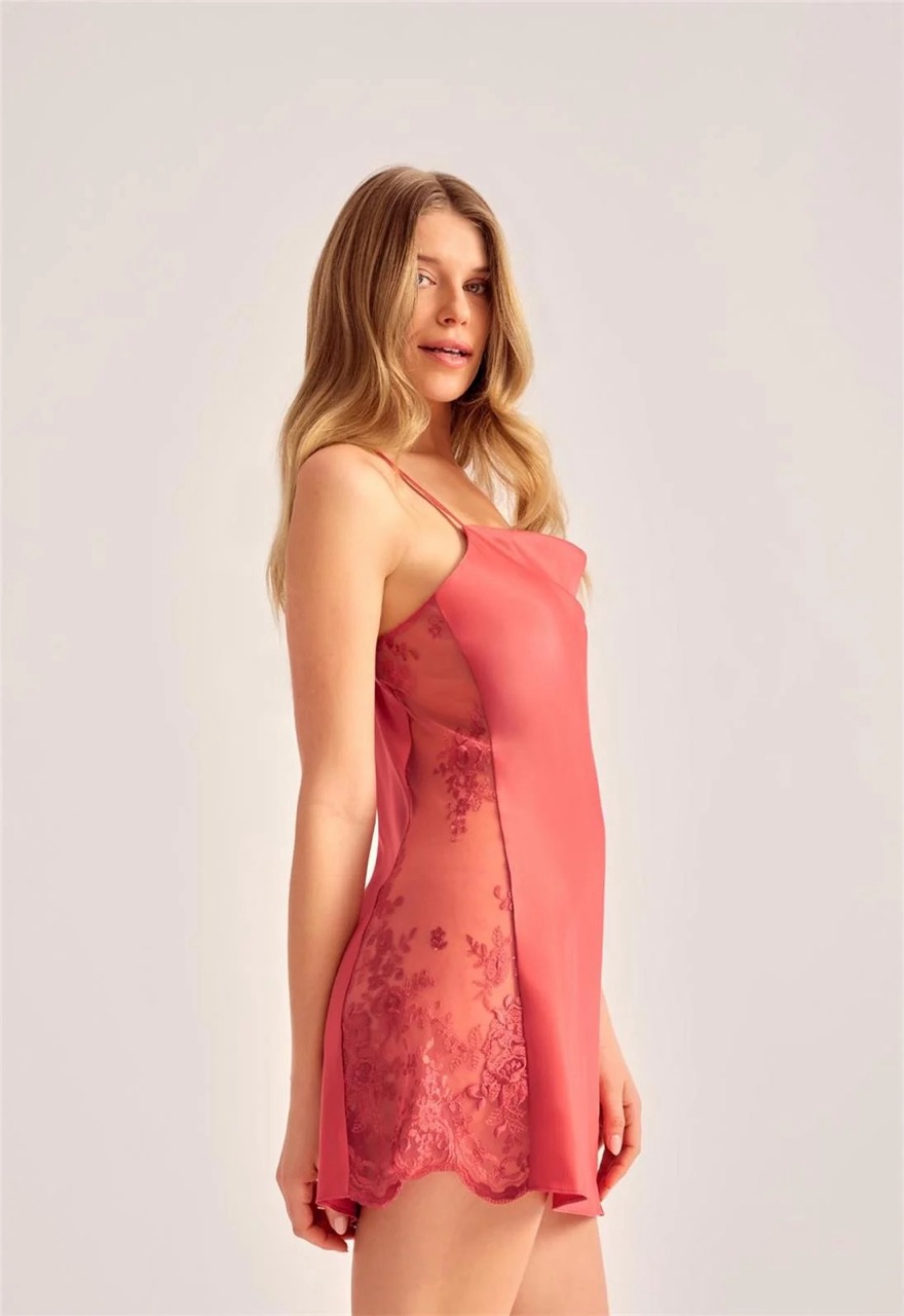Jenette Bras Canada Rya Darling Satin Lace Chemise Nightgown in Orange