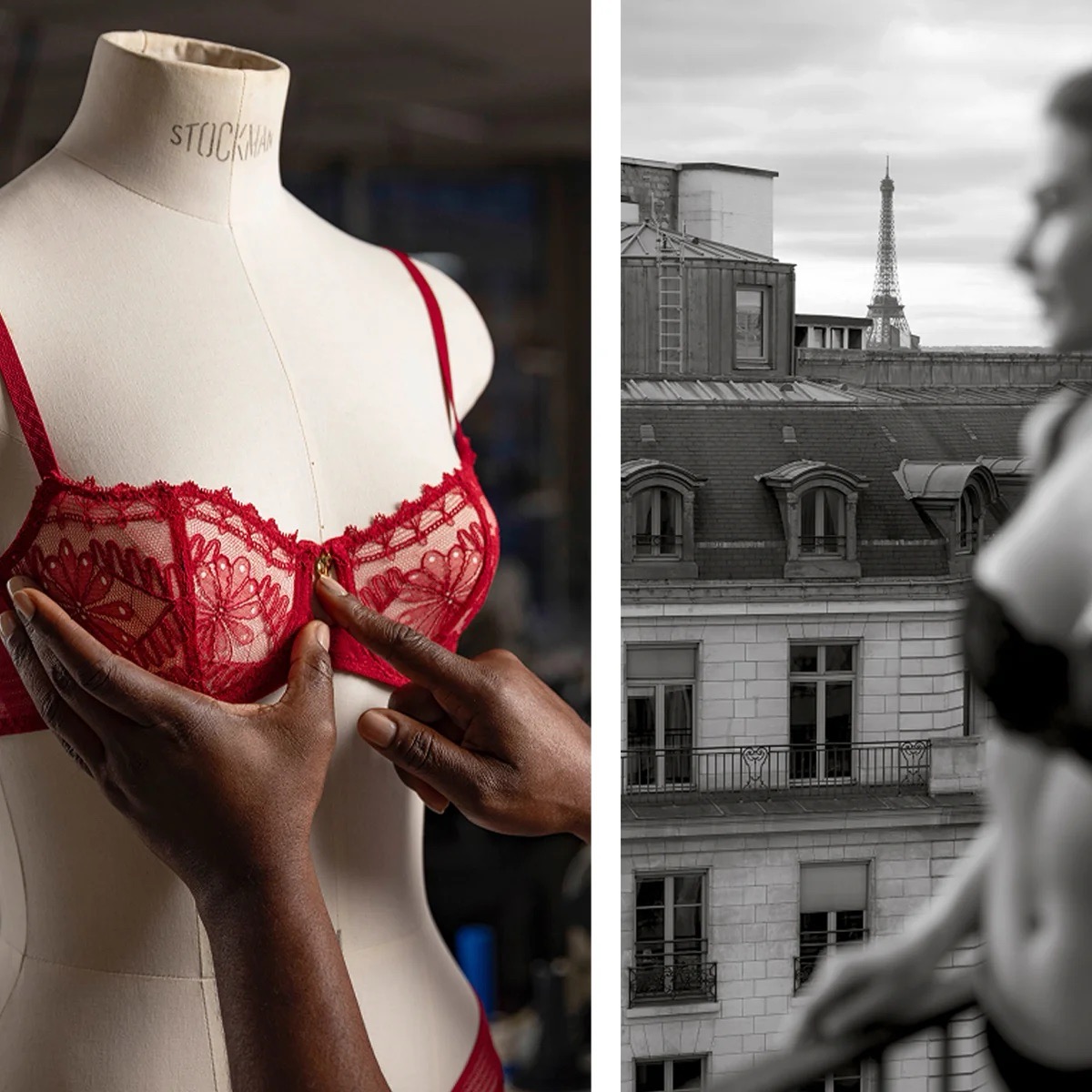 A bra on a mannequin and a black and white photo of a model in lingerie