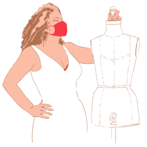 A line drawing of Jenette in a mask with a mannequin