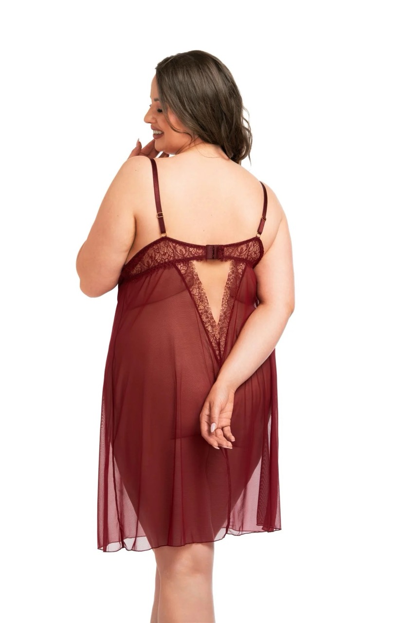 Jenette Bras Polish Nessa Roxy Wireless Lace Sheer Chemise Nightgown in Red from Backside