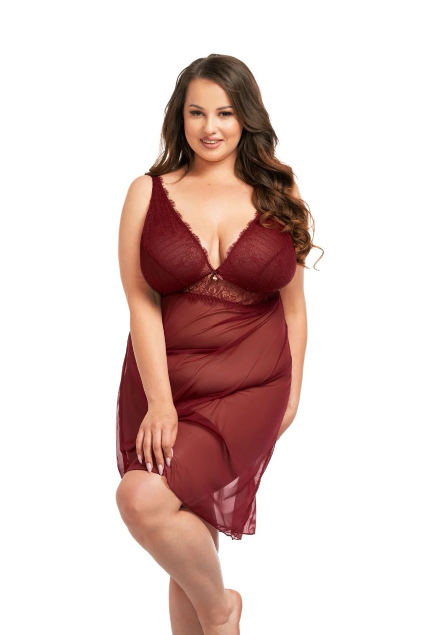 Jenette Bras Polish Nessa Roxy Wireless Lace Sheer Chemise Nightgown in Red