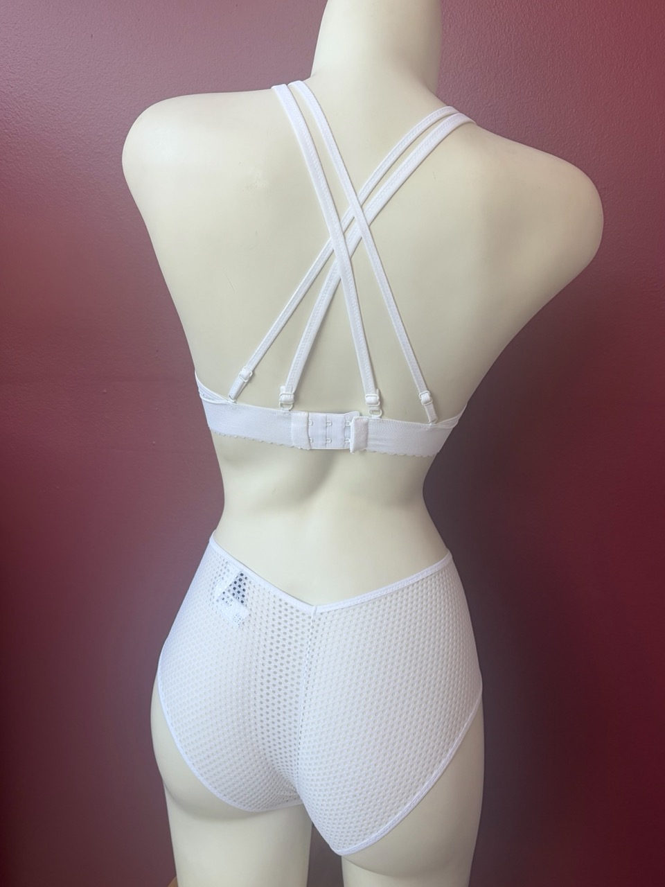 Jenette Bras Spain Sarda Payne Smooth Seamless Mesh Wireless Demi Cup Bra in White with Briefs in White from Backside