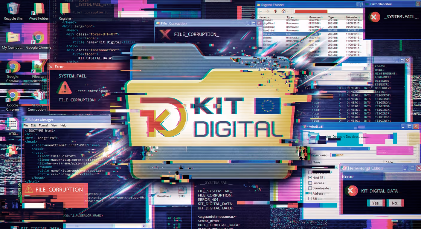 Folder with the Kit Digital logo over error screens and code, illustrating rumors versus official program data