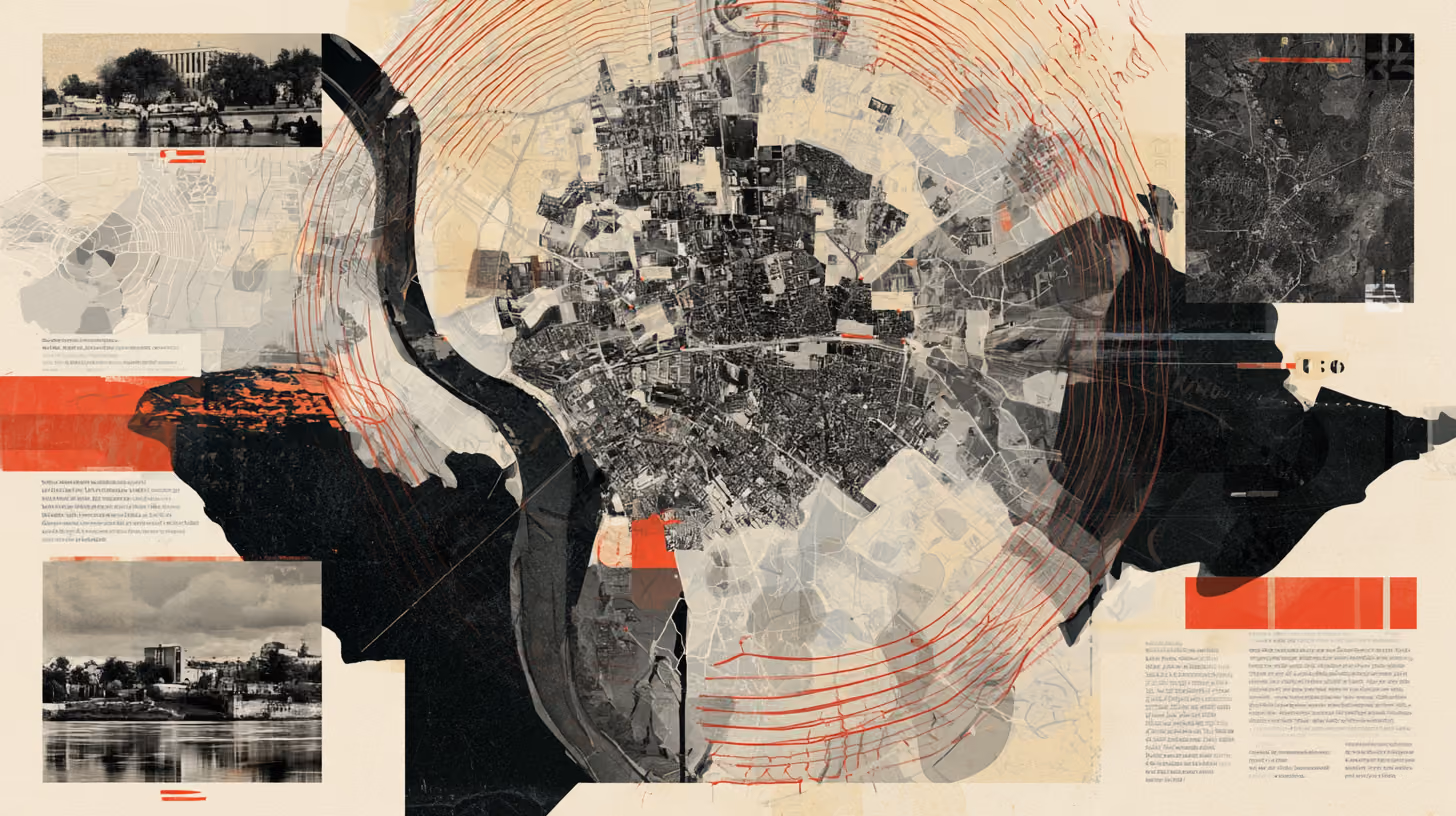 Collage of an Albacete map with photos of the city and concentric circles, illustrating local positioning on Google Maps