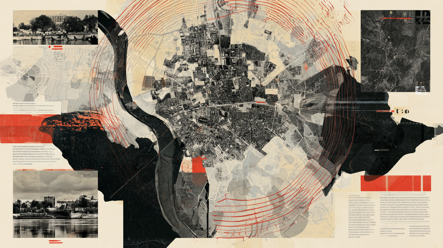 Collage de un mapa de Albacete con fotos de la ciudad y círculos concéntricos, ilustrando el posicionamiento local en Google Maps