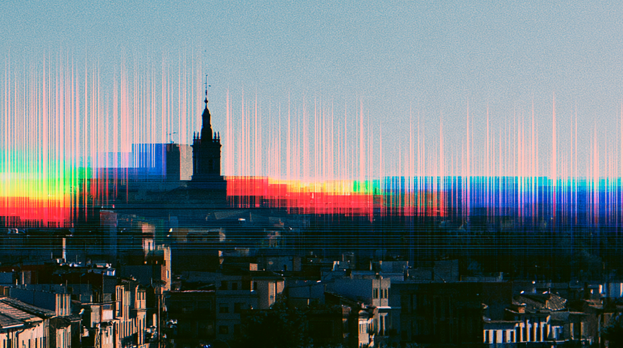 Skyline de Albacete con la catedral y un efecto de distorsión digital, ilustrando las agencias de marketing de la ciudad
