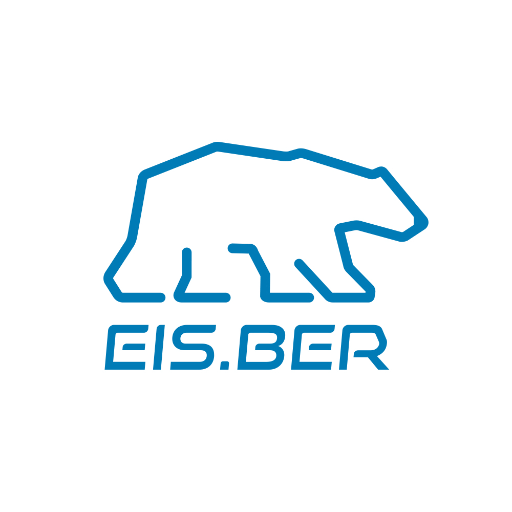 Blue line art of a walking polar bear above the text 'EIS.BER' in matching blue stylized font on a white background.