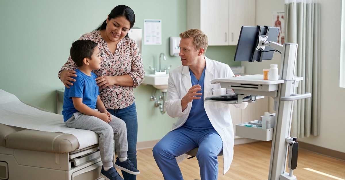 Pediatric provider consulting with a child and parent at Steamboat Pediatrics using No Barrier interpretation