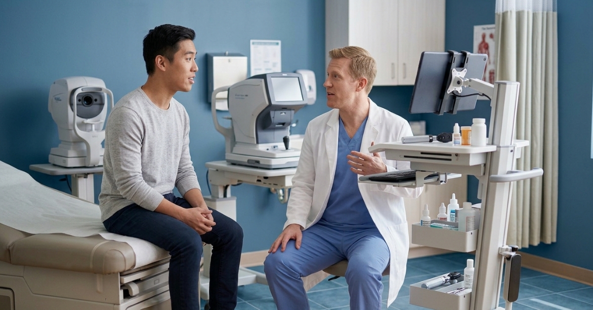 Pediatric provider consulting with a child and parent at Steamboat Pediatrics using No Barrier interpretation