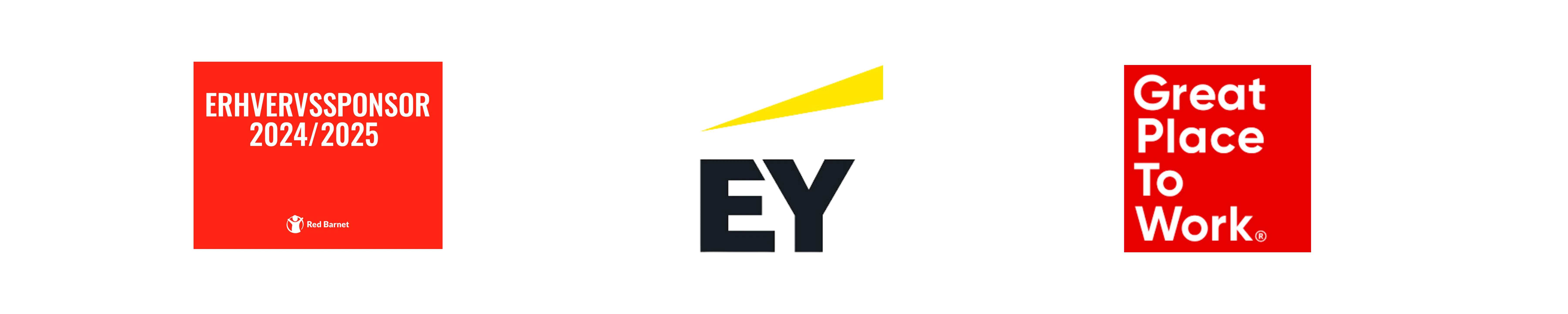 3 erhvervspriser: Erhvervssponsor 2024/2025-badge fra Red Barnet, Entrepreneur of the Year-logo og Great Place To Work-logo.